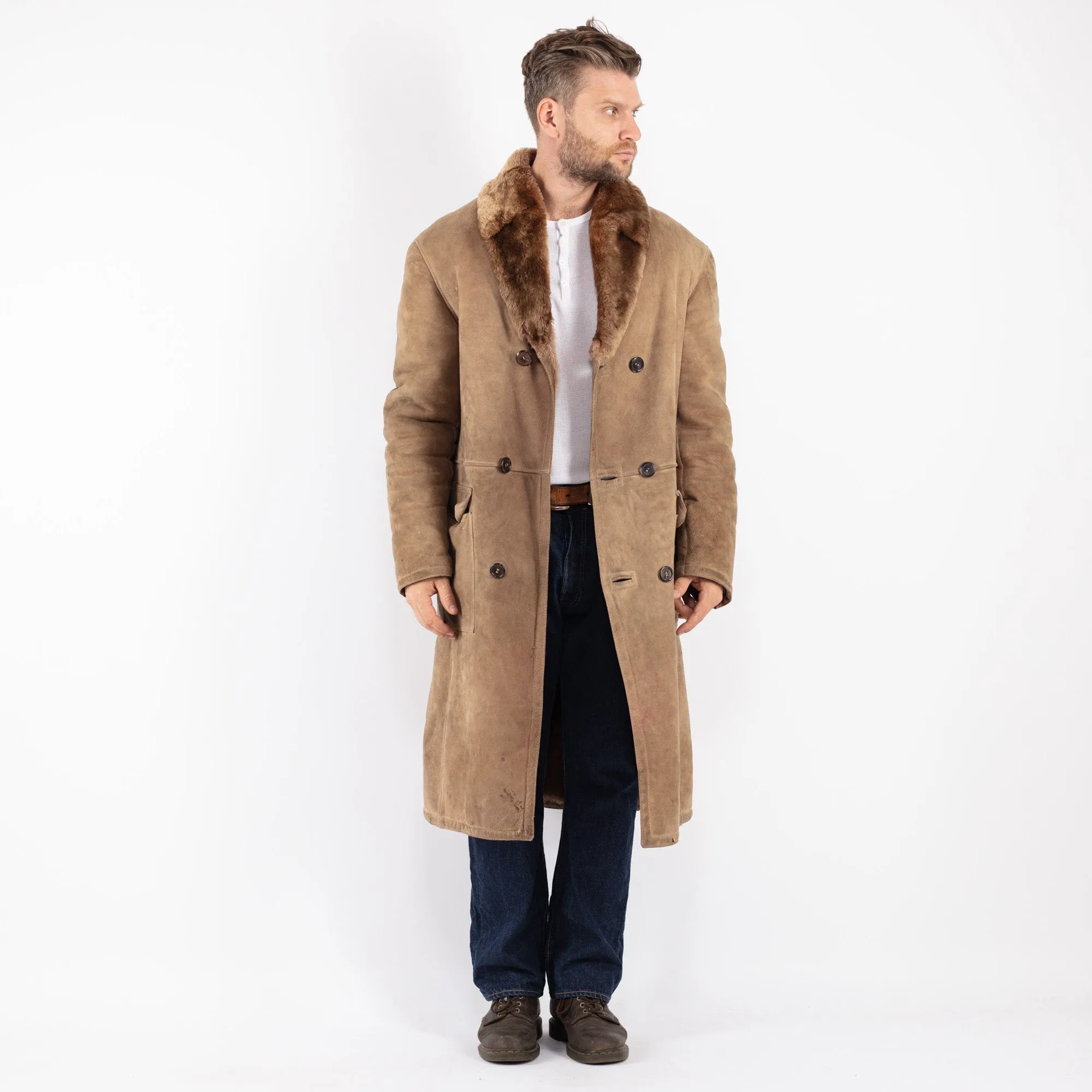 Vintage 70's Men Sheepskin Long Coat in Beige