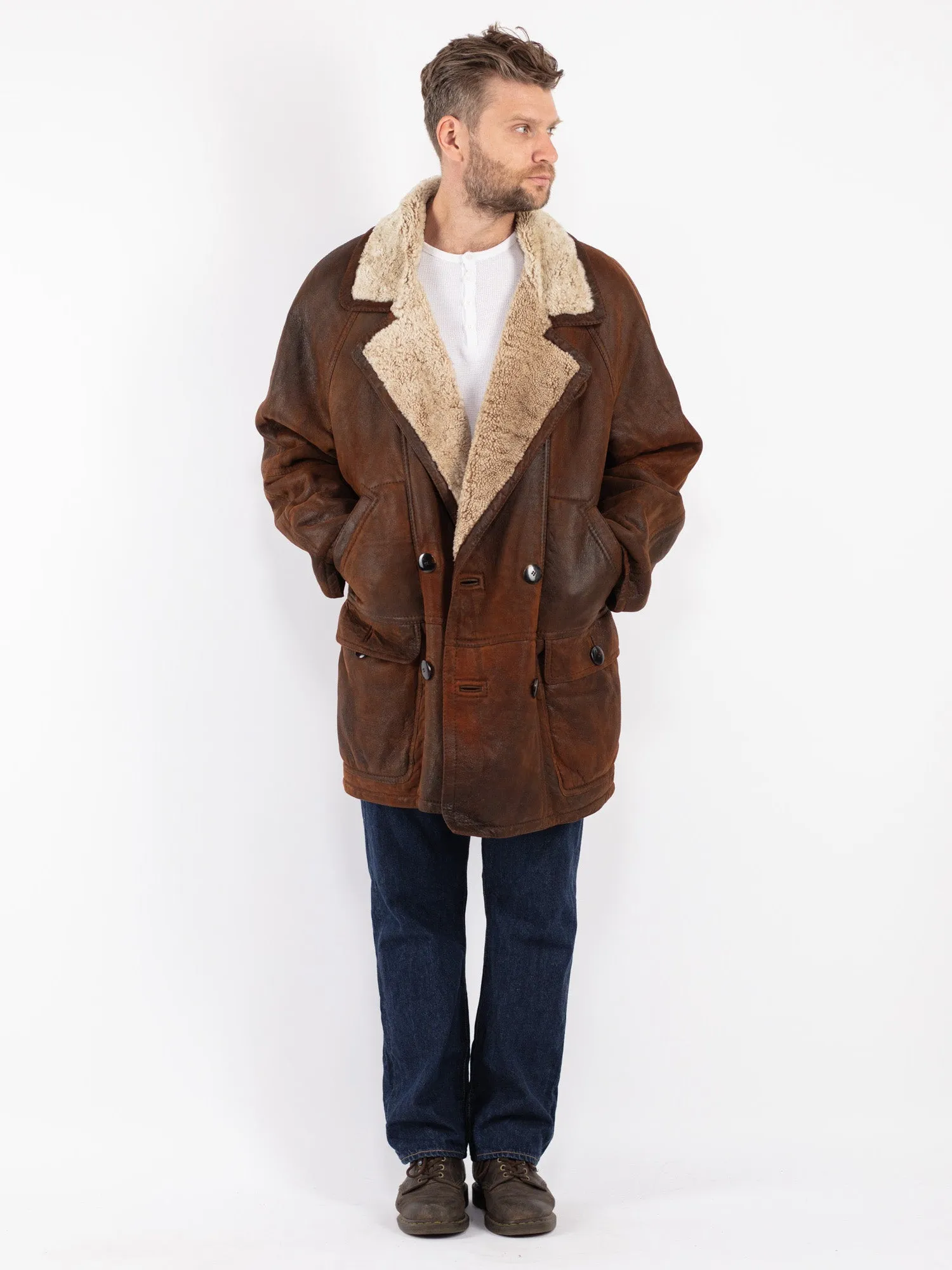 Vintage 80's Men Sheepskin Shearling Coat in Brown