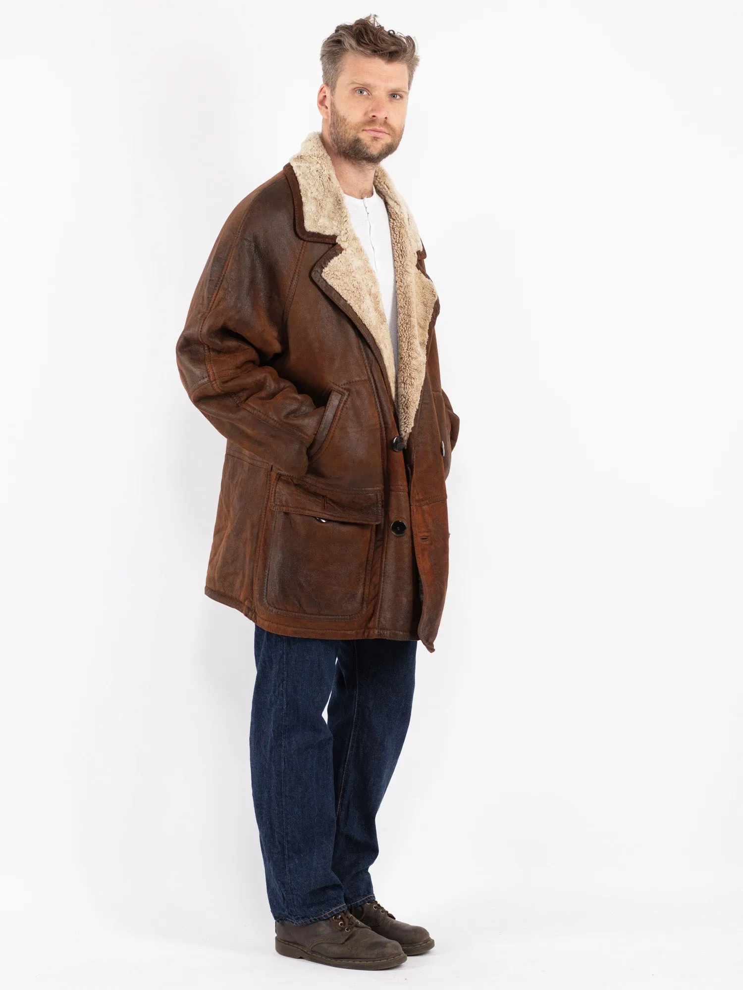 Vintage 80's Men Sheepskin Shearling Coat in Brown