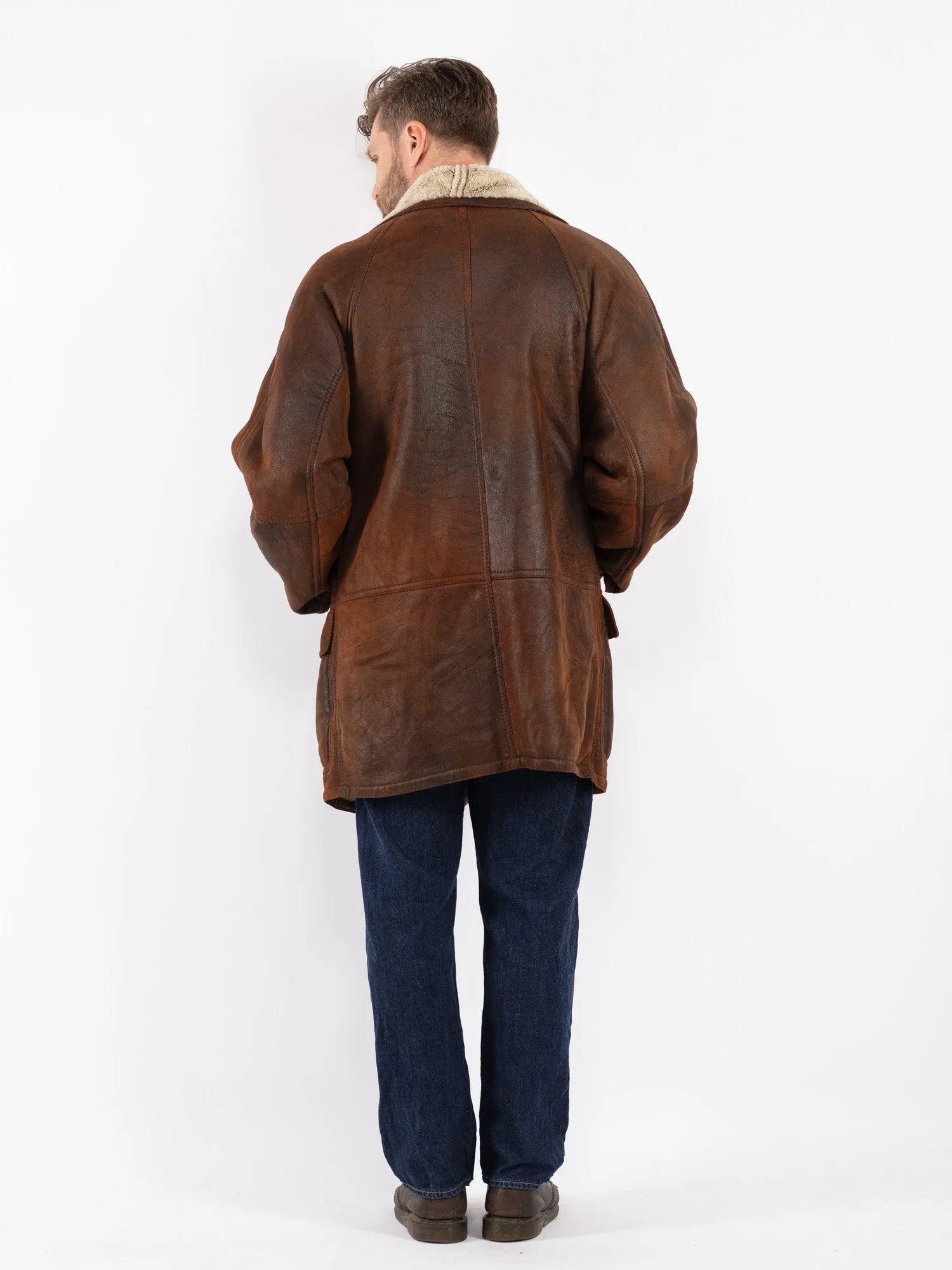 Vintage 80's Men Sheepskin Shearling Coat in Brown