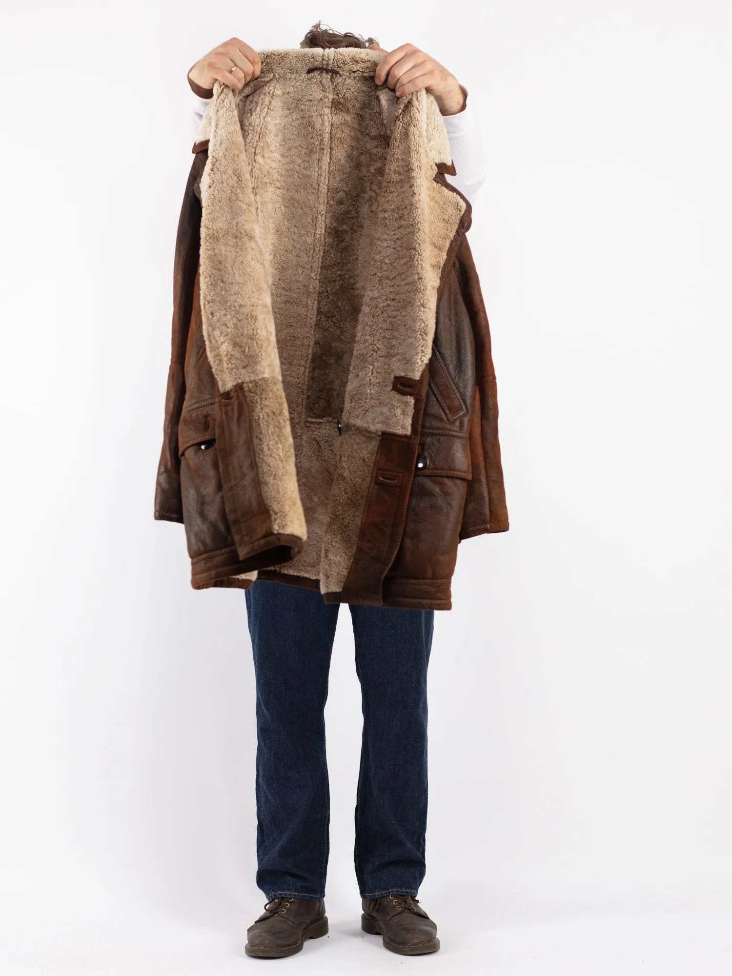 Vintage 80's Men Sheepskin Shearling Coat in Brown