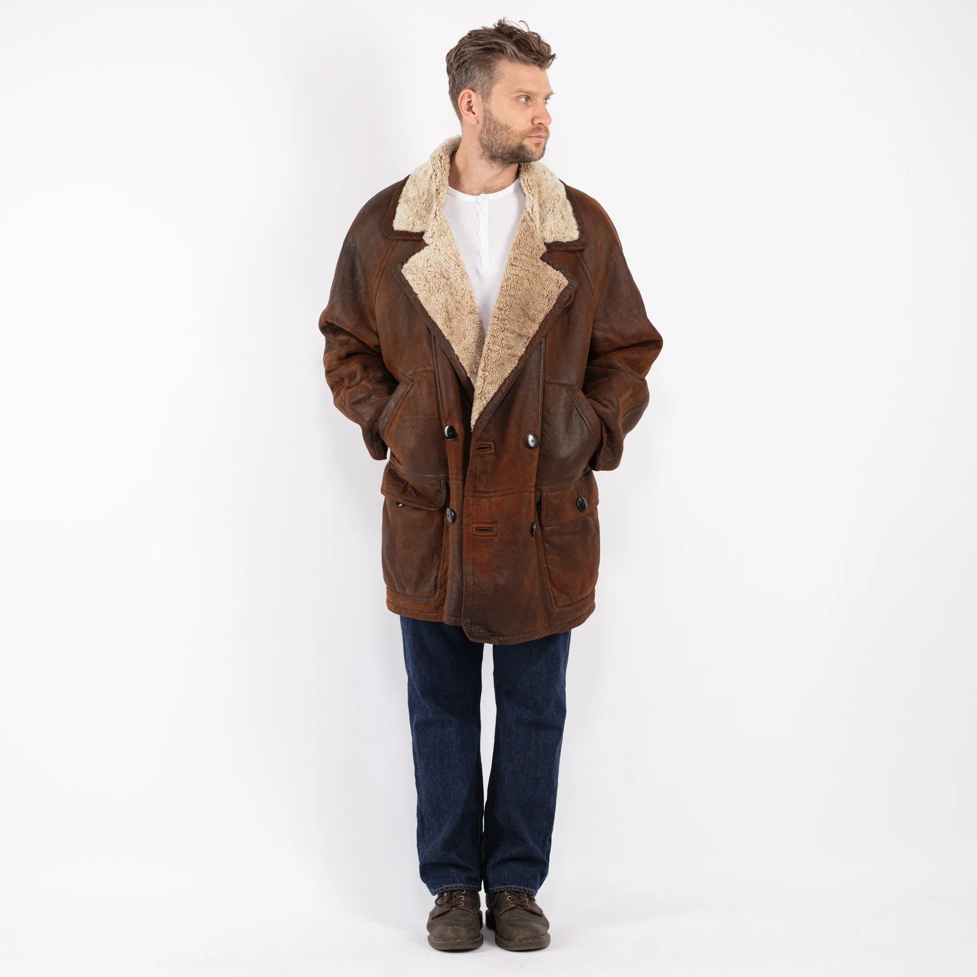 Vintage 80's Men Sheepskin Shearling Coat in Brown