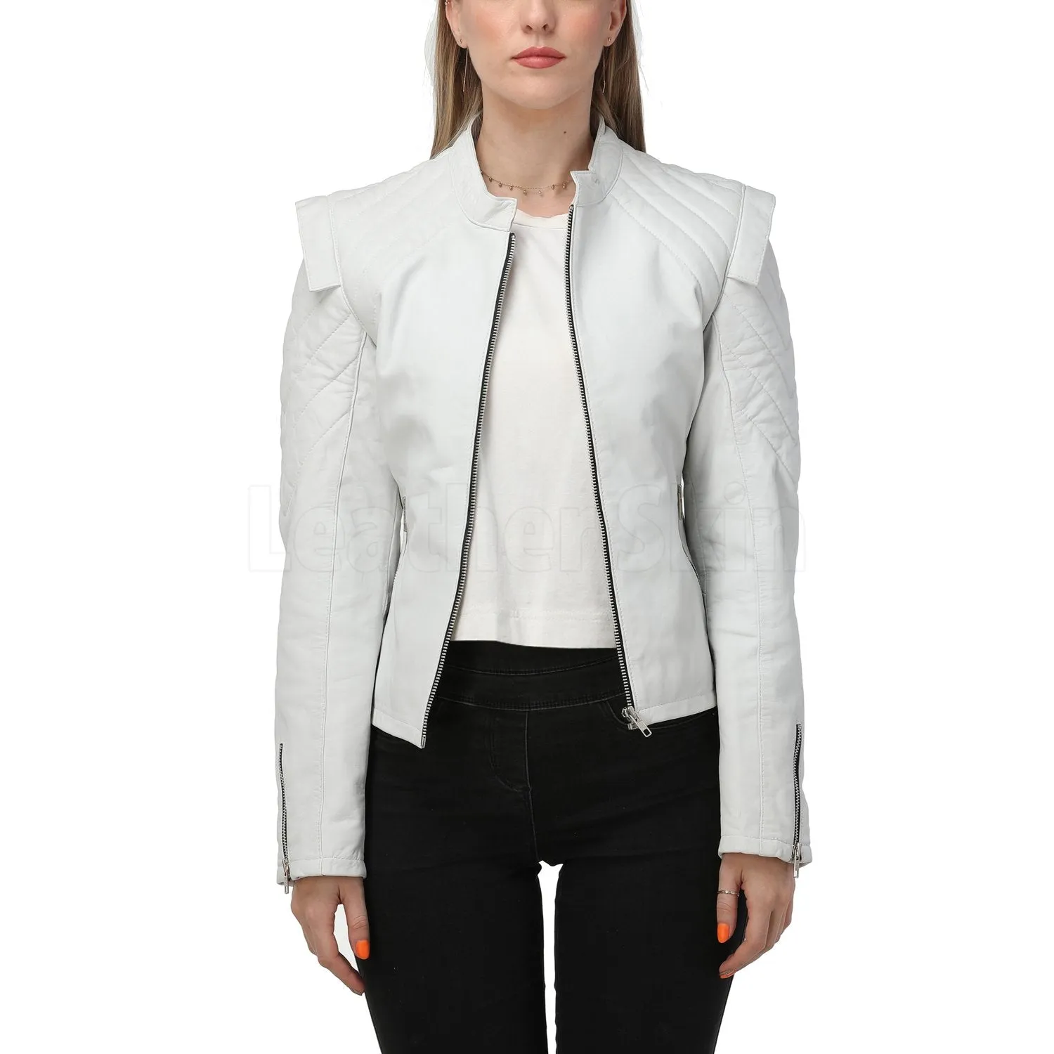 White Quilted Leather Jacket - Leather Skin Shop