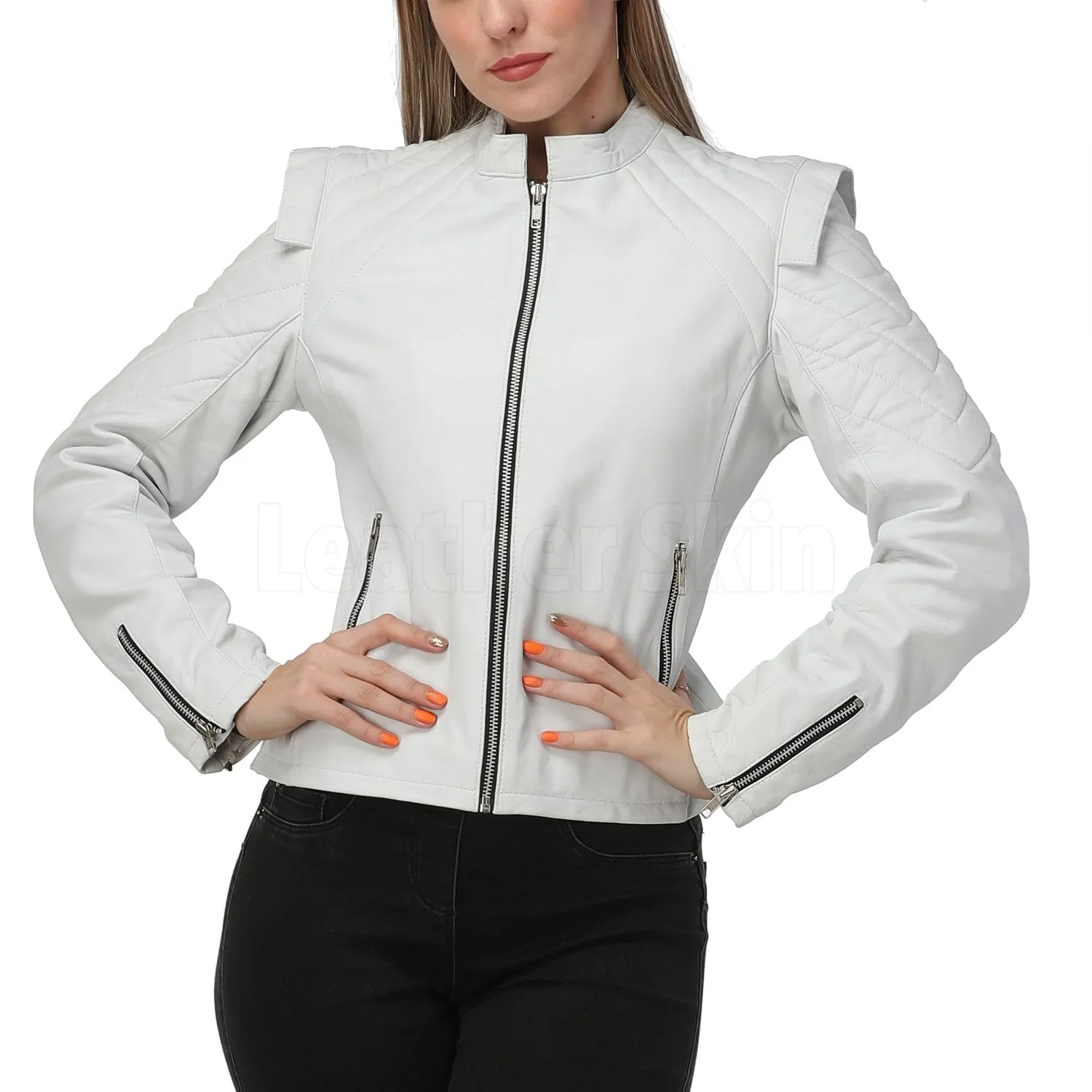 White Quilted Leather Jacket - Leather Skin Shop