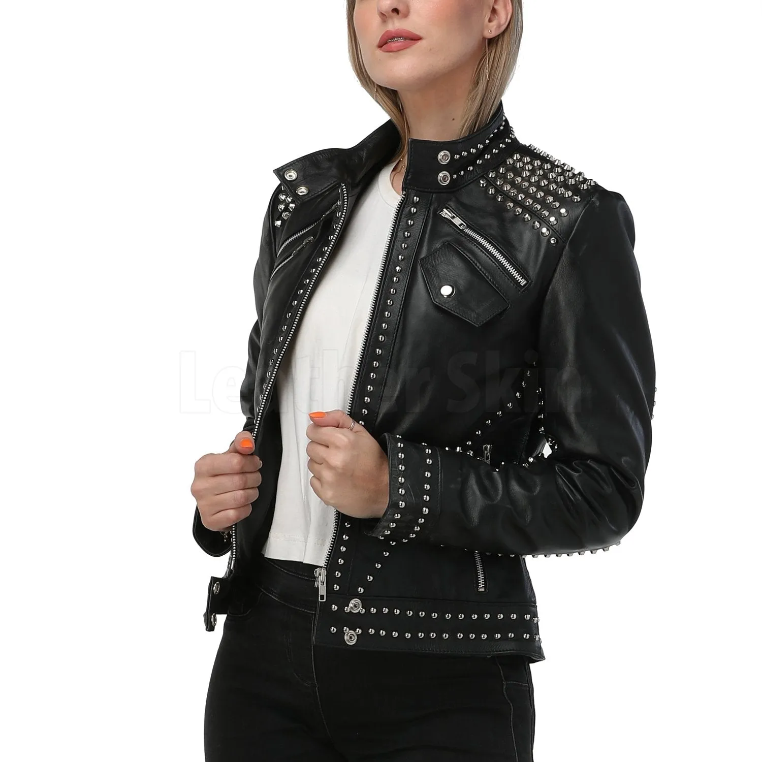 Women Black Studded Leather Jacket - Leather Skin Shop