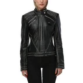 Women Black Studded Leather Jacket - Leather Skin Shop