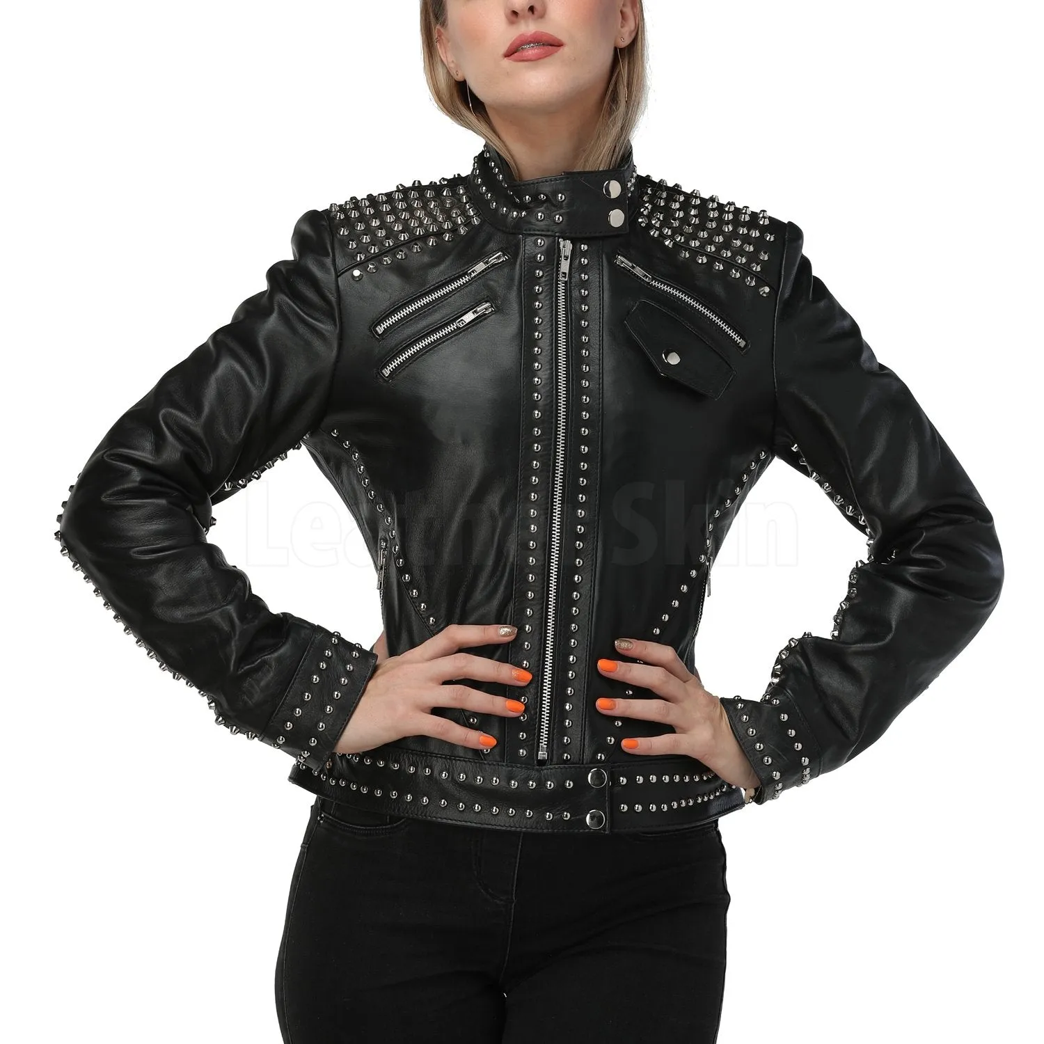 Women Black Studded Leather Jacket - Leather Skin Shop