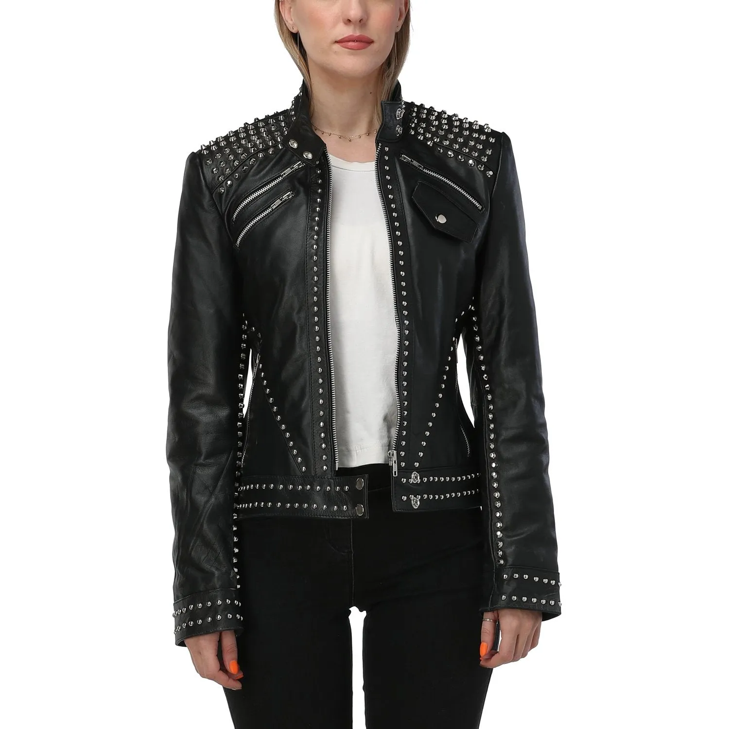 Women Black Studded Leather Jacket - Leather Skin Shop