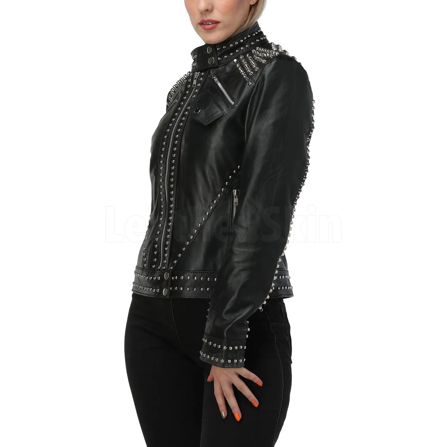 Women Black Studded Leather Jacket - Leather Skin Shop