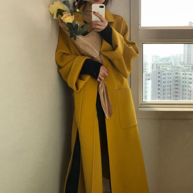 Women Elegant Solid Long Wool Coat Women Batwing Coat Split Hem Chic Stylish Jacket Winter Autumn