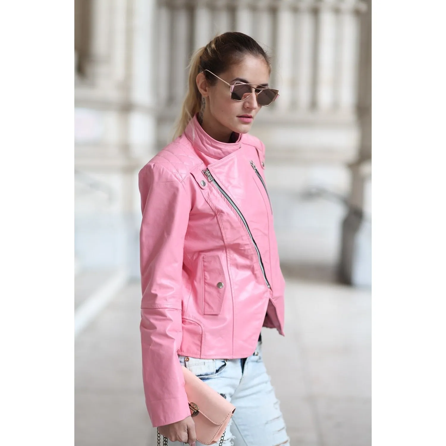 Women Pink Brando Genuine Leather Jacket - Leather Skin Shop