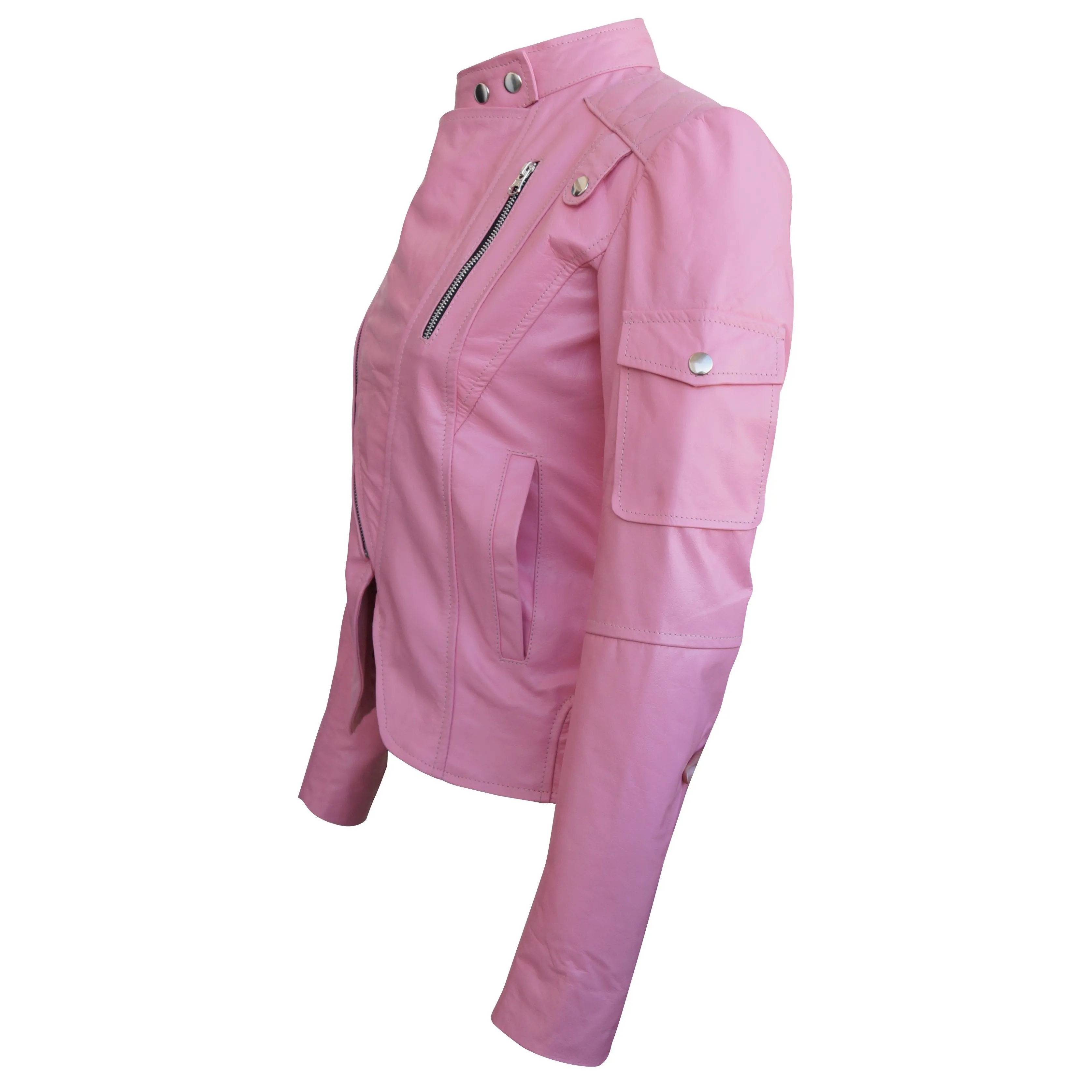 Women Pink Brando Genuine Leather Jacket - Leather Skin Shop