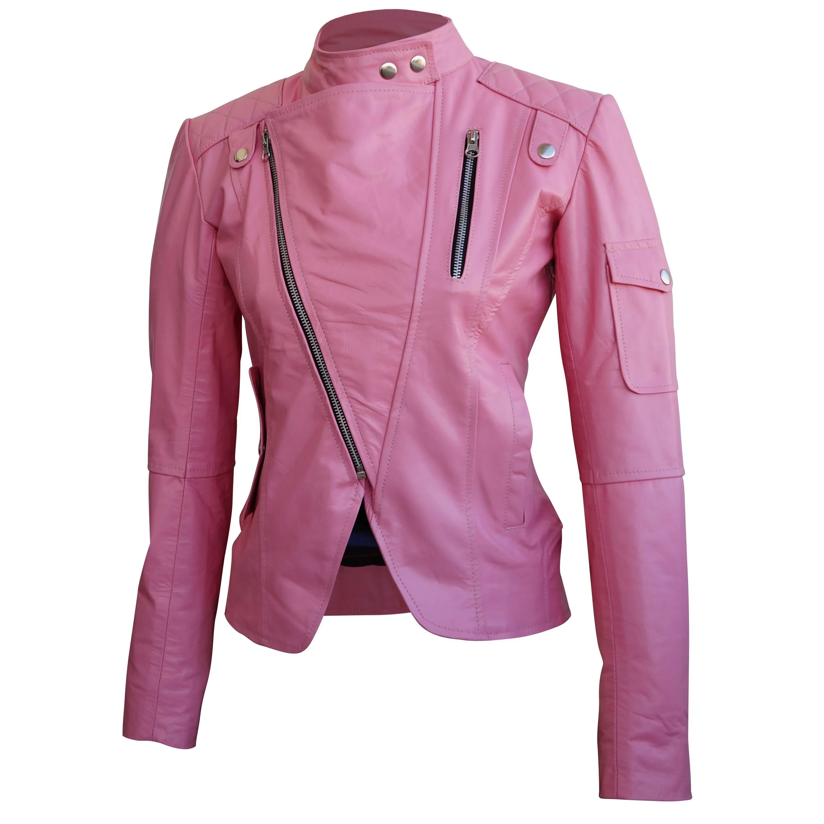 Women Pink Brando Genuine Leather Jacket - Leather Skin Shop