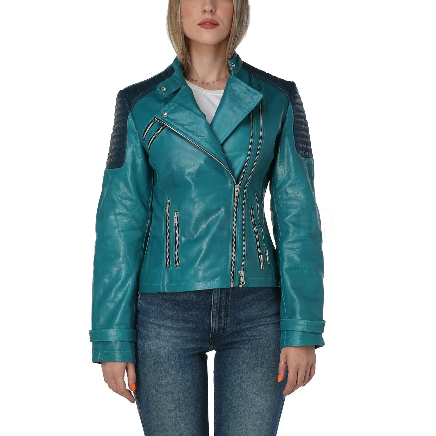 Women Teal Leather Jacket - Leather Skin Shop