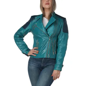 Women Teal Leather Jacket - Leather Skin Shop