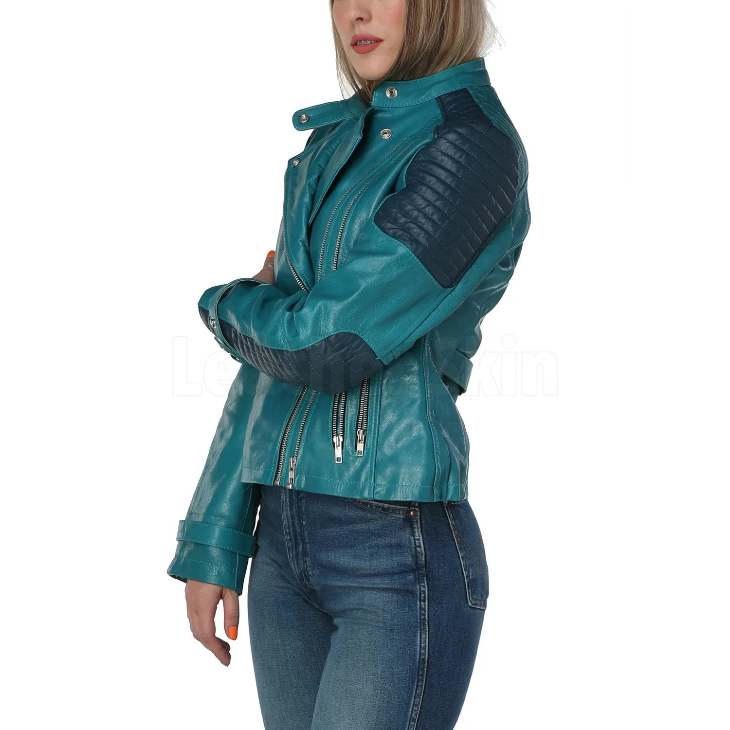 Women Teal Leather Jacket - Leather Skin Shop