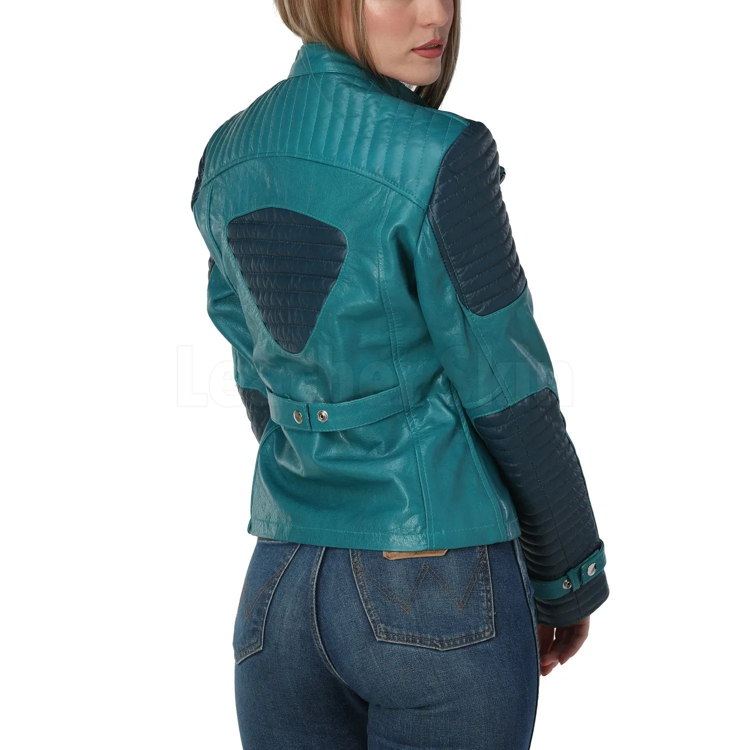 Women Teal Leather Jacket - Leather Skin Shop