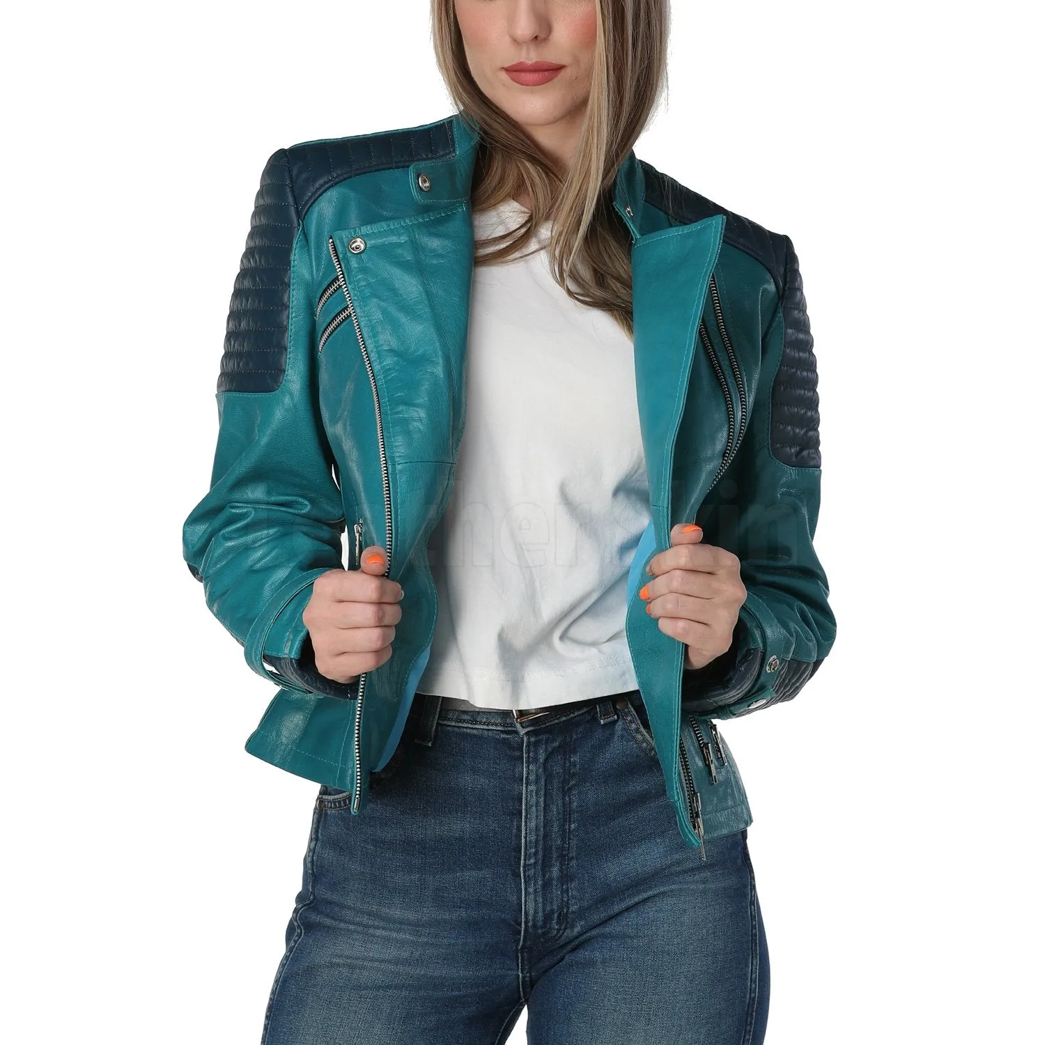 Women Teal Leather Jacket - Leather Skin Shop