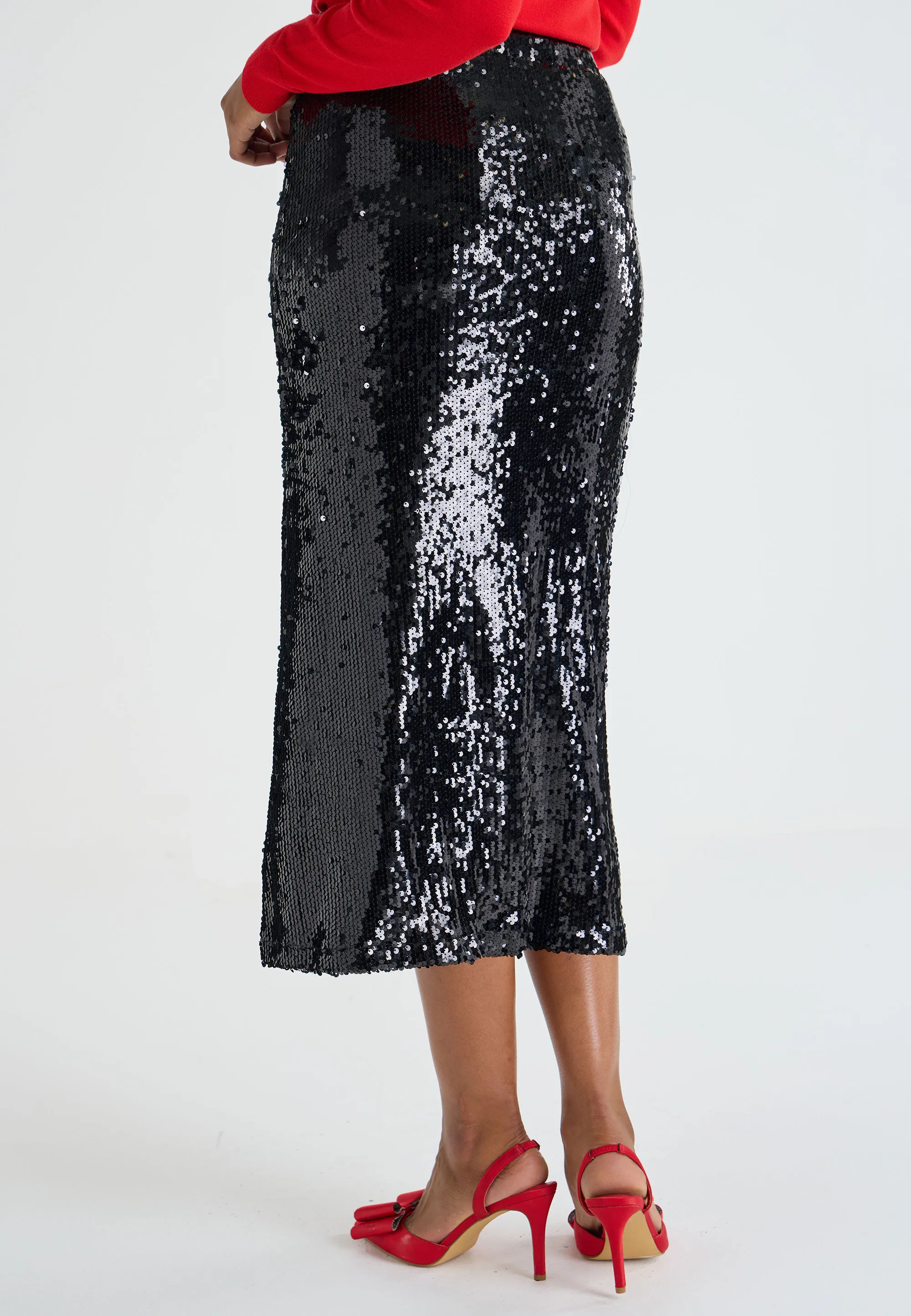 Womens Black Liquid Sequin Midi Skirt