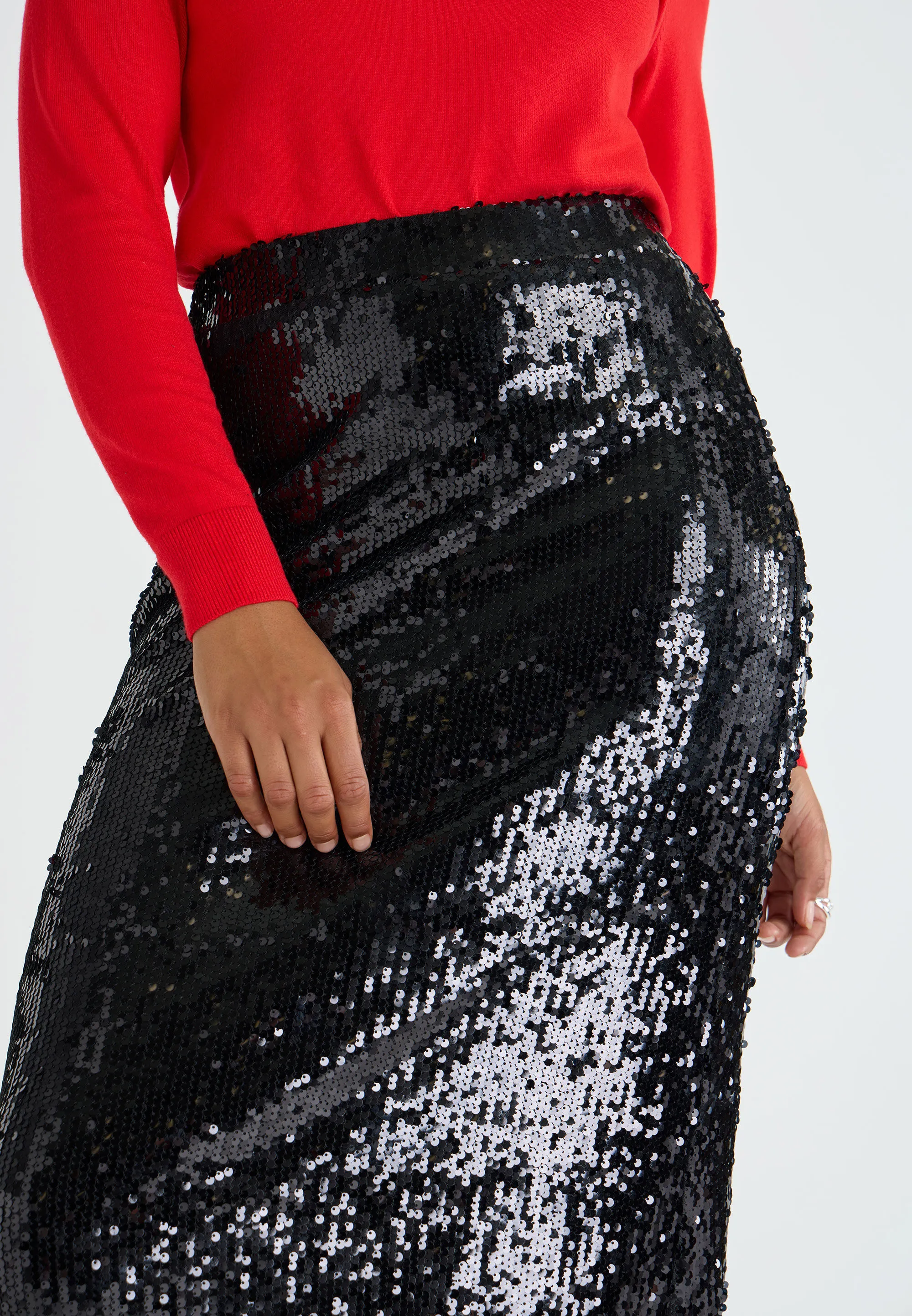 Womens Black Liquid Sequin Midi Skirt