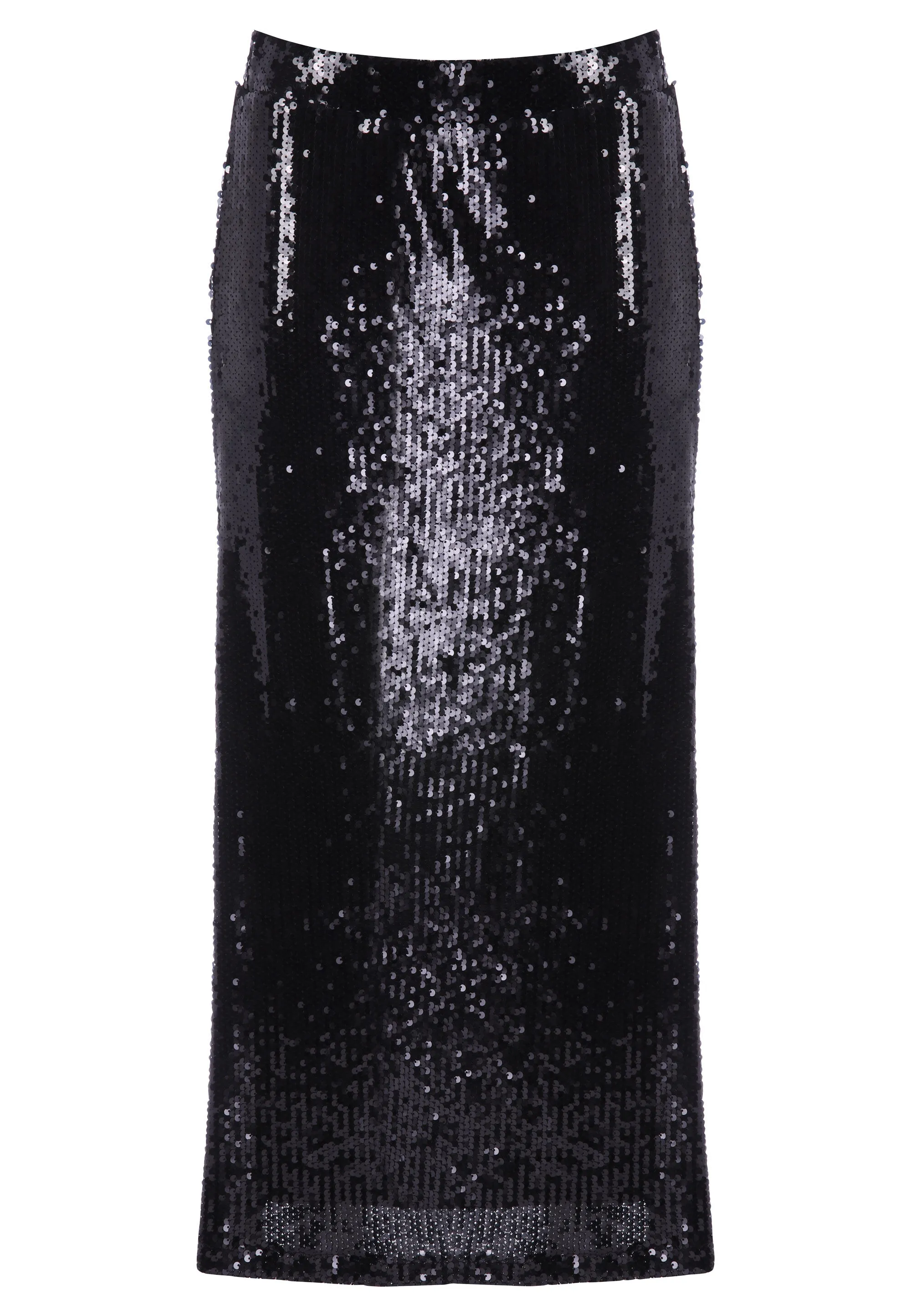 Womens Black Liquid Sequin Midi Skirt