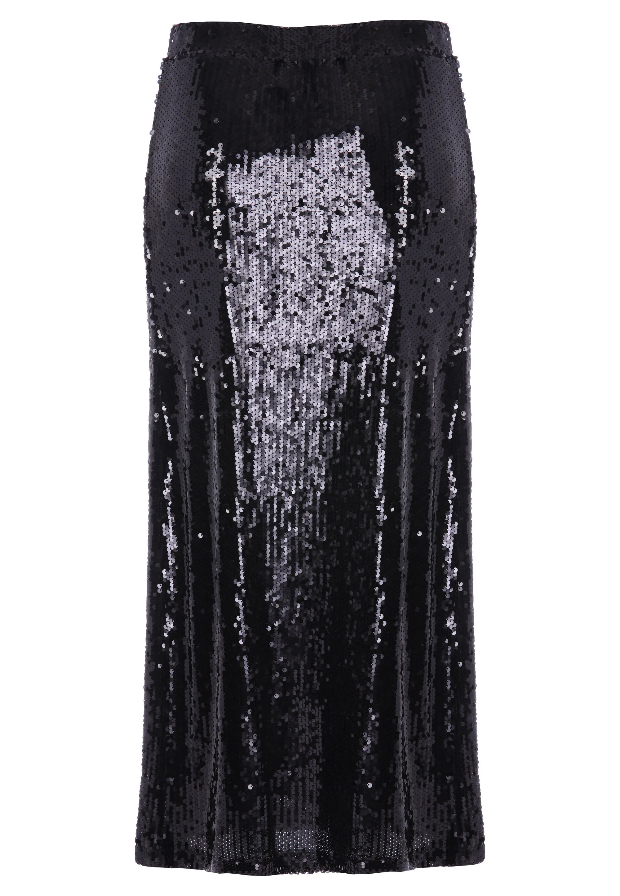 Womens Black Liquid Sequin Midi Skirt