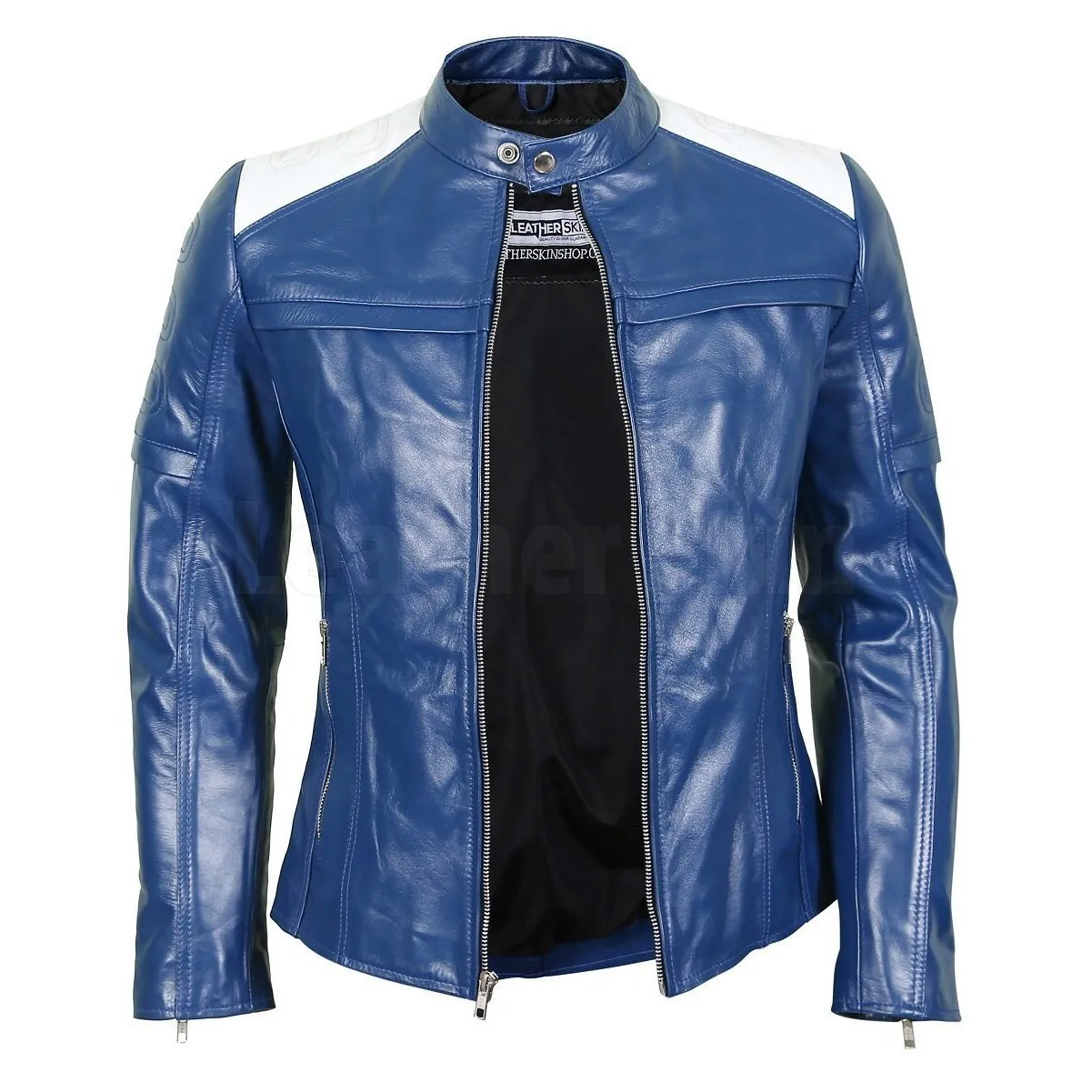 Women’s Blue Leather Biker Jacket - Leather Skin Shop