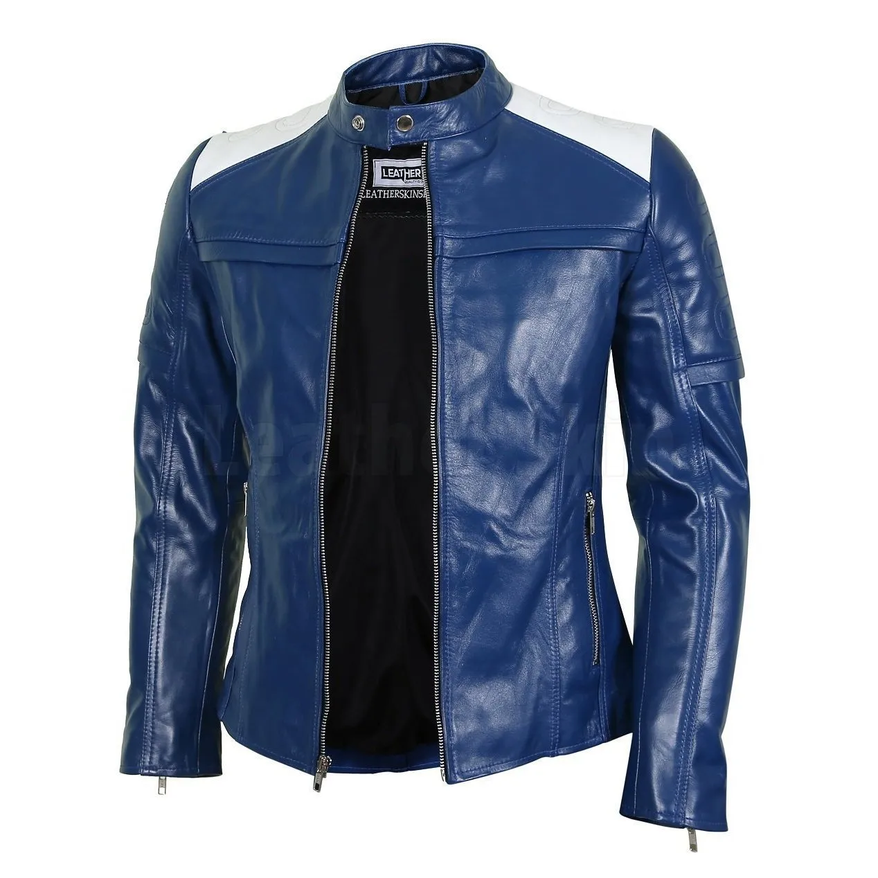 Women’s Blue Leather Biker Jacket - Leather Skin Shop