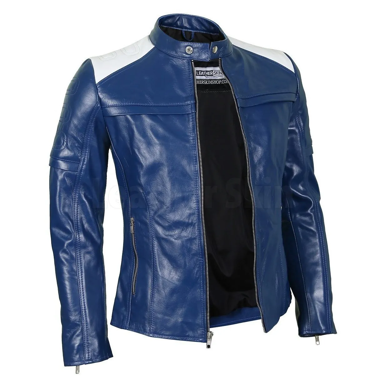 Women’s Blue Leather Biker Jacket - Leather Skin Shop