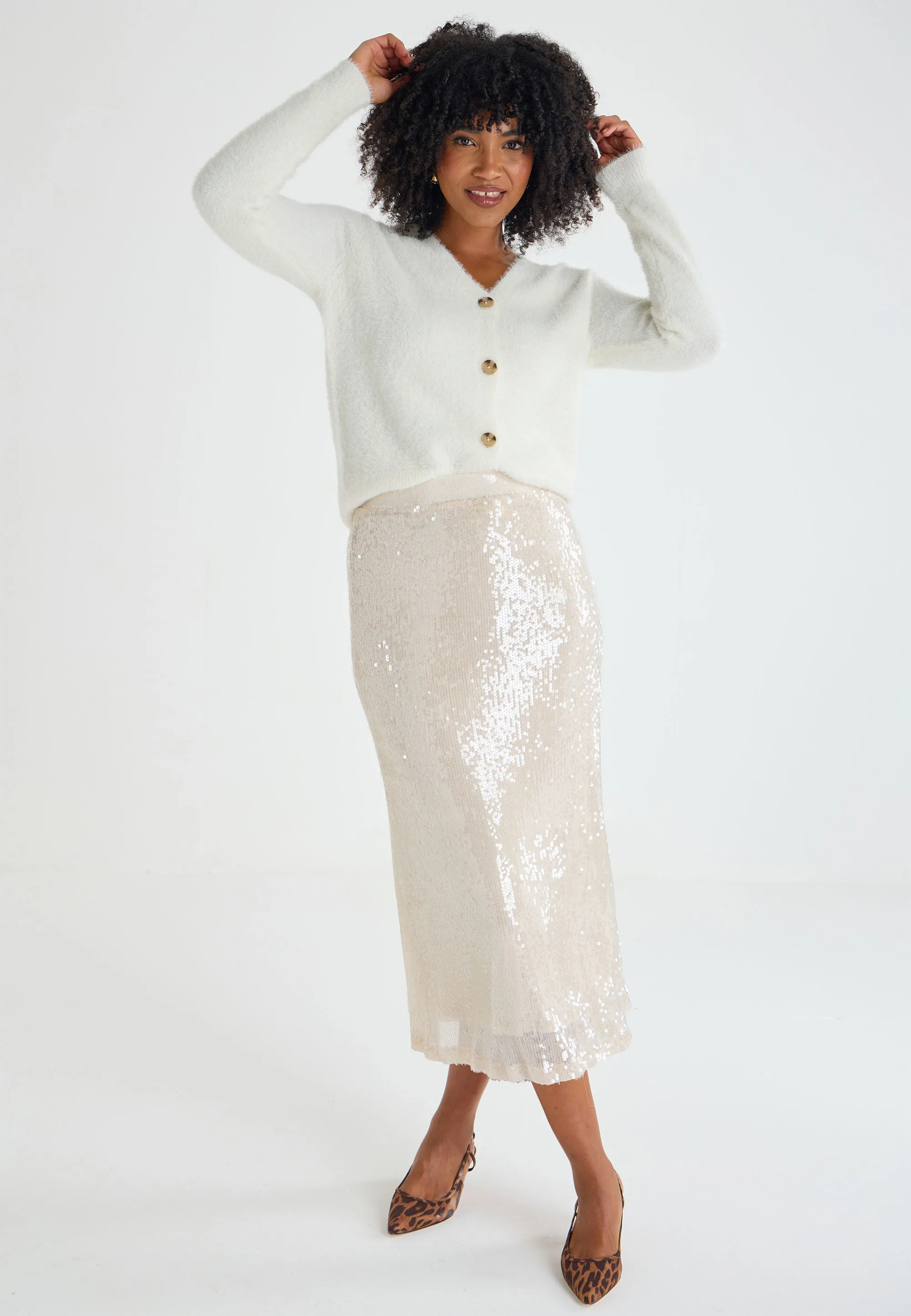 Womens Cream Sequin Midi Skirt