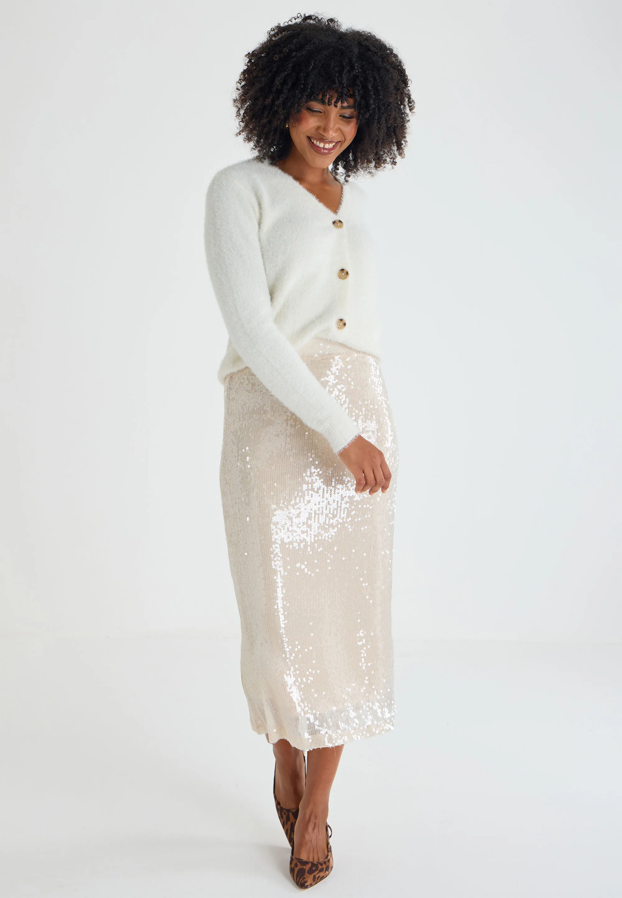 Womens Cream Sequin Midi Skirt