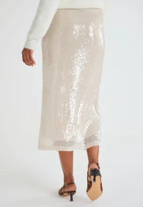 Womens Cream Sequin Midi Skirt