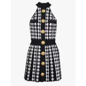 Women's Designer Fashion Halter Neck Houndstooth Knitted Button Dress