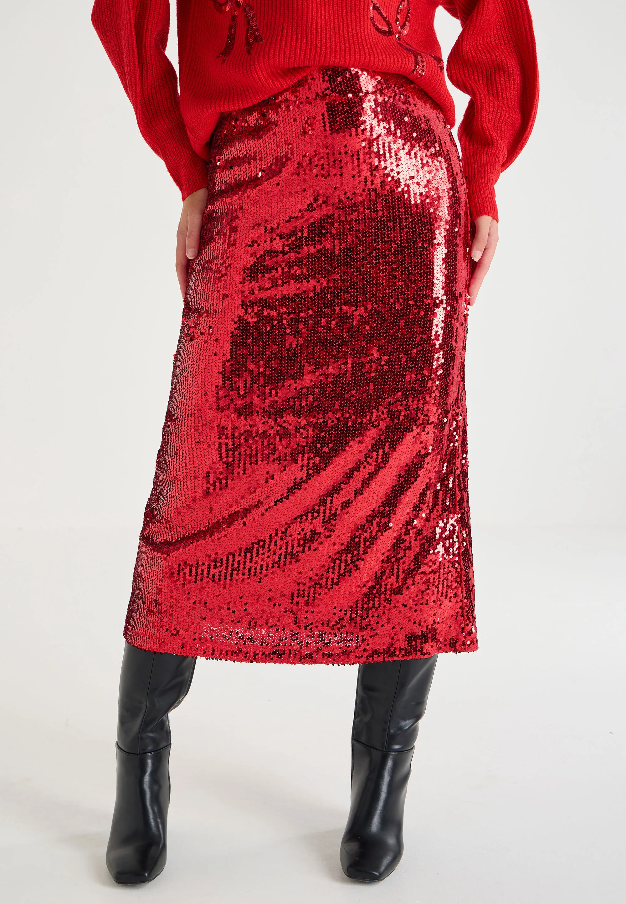 Womens Red Liquid Sequin Midi Skirt