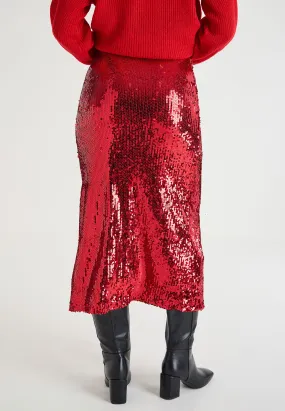 Womens Red Liquid Sequin Midi Skirt