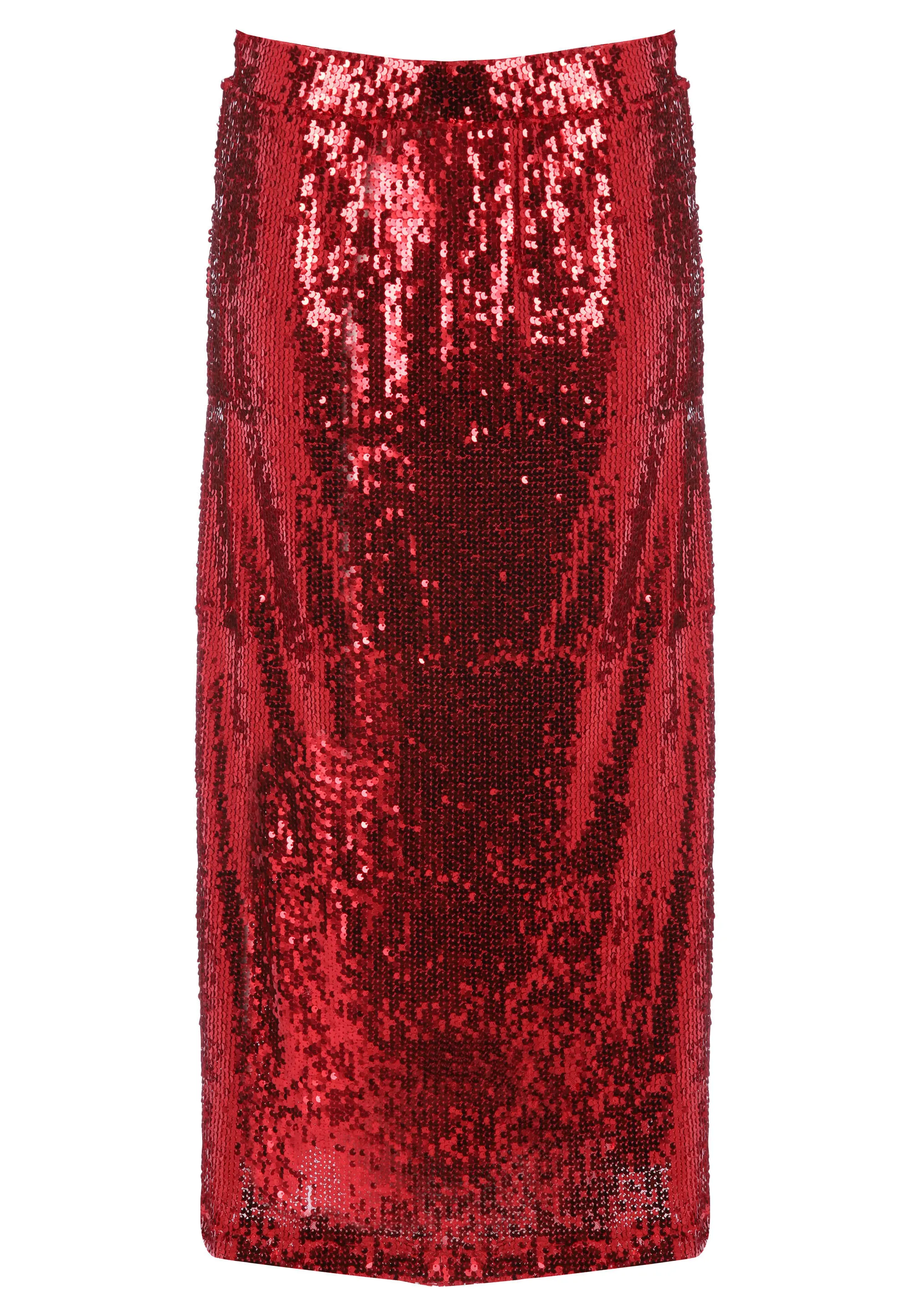 Womens Red Liquid Sequin Midi Skirt