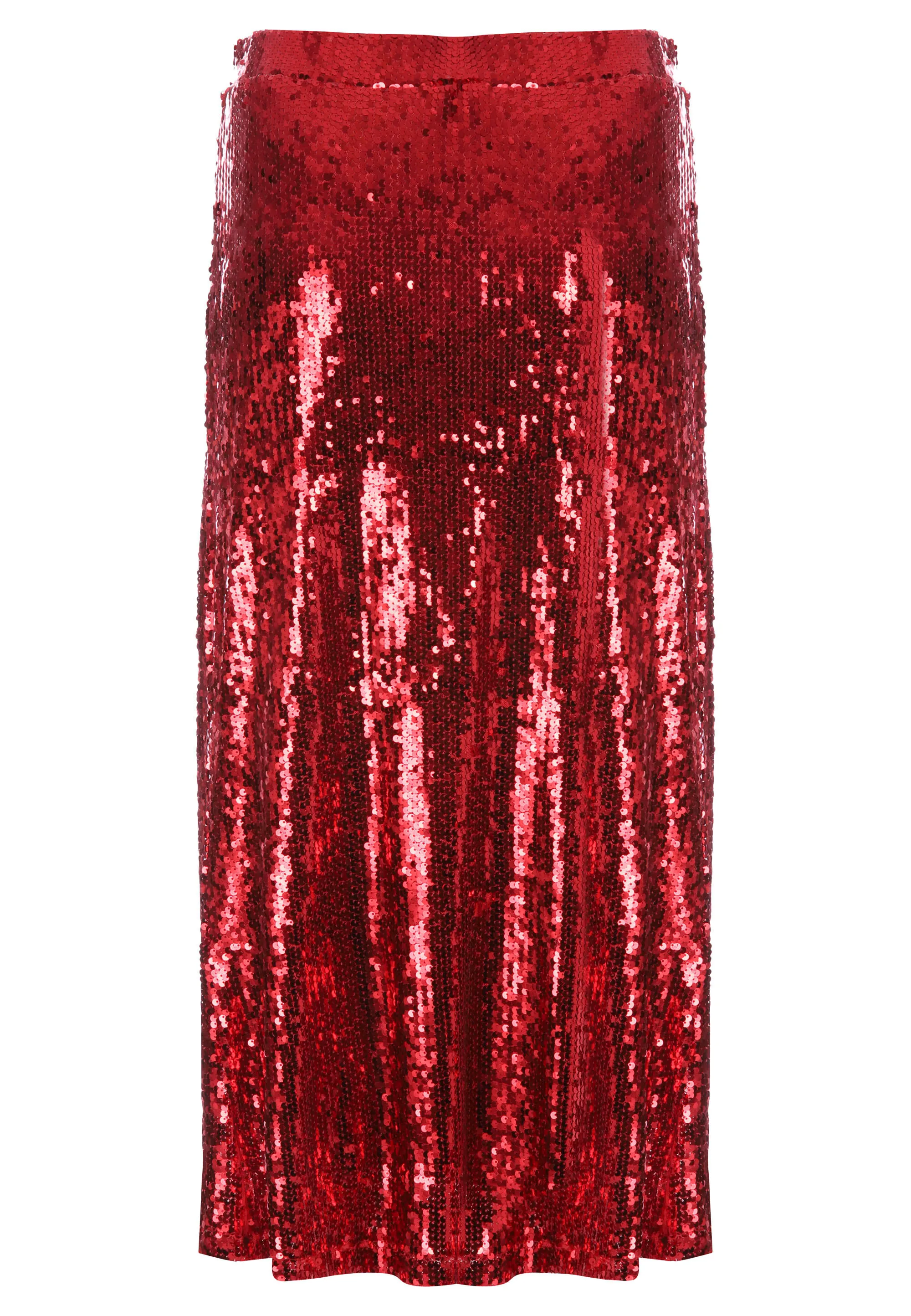 Womens Red Liquid Sequin Midi Skirt