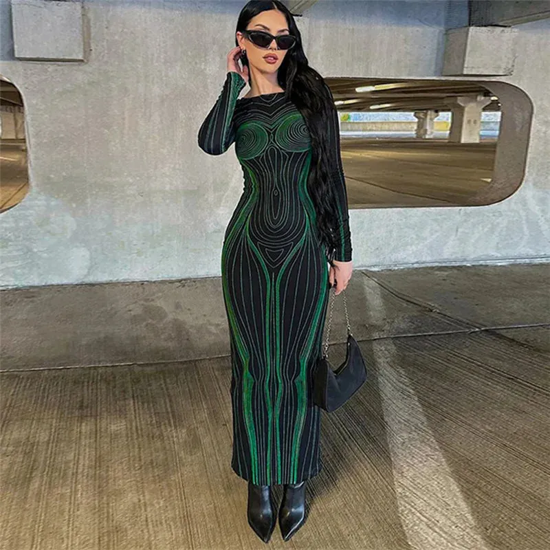 Women's Sexy 3D Body Printed Hollow Backless Long Sleeve Bodycon Maxi Dress