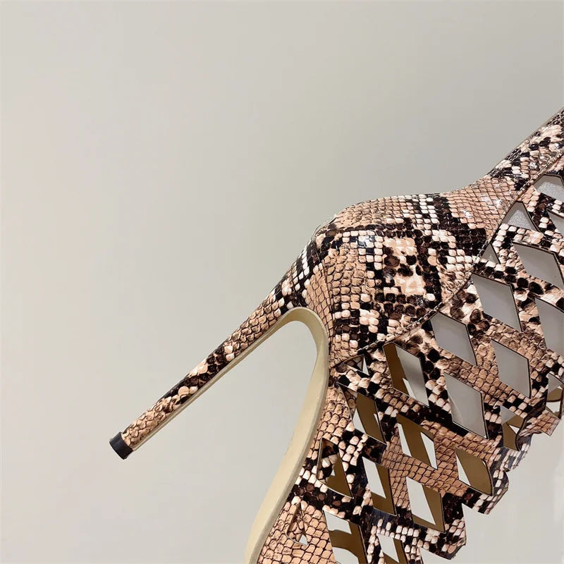 Women's Sexy Snake Print Leather Hollow Out Open Toe Over The Knee Boots