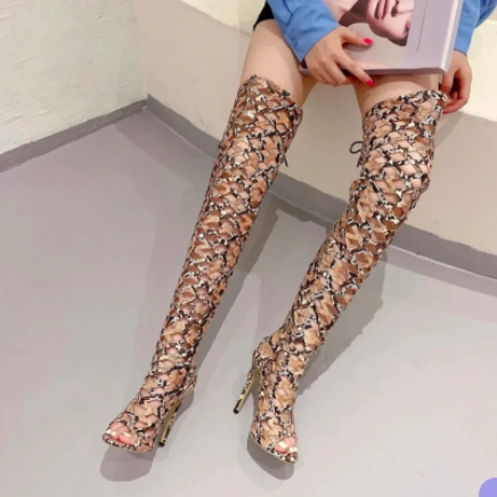 Women's Sexy Snake Print Leather Hollow Out Open Toe Over The Knee Boots