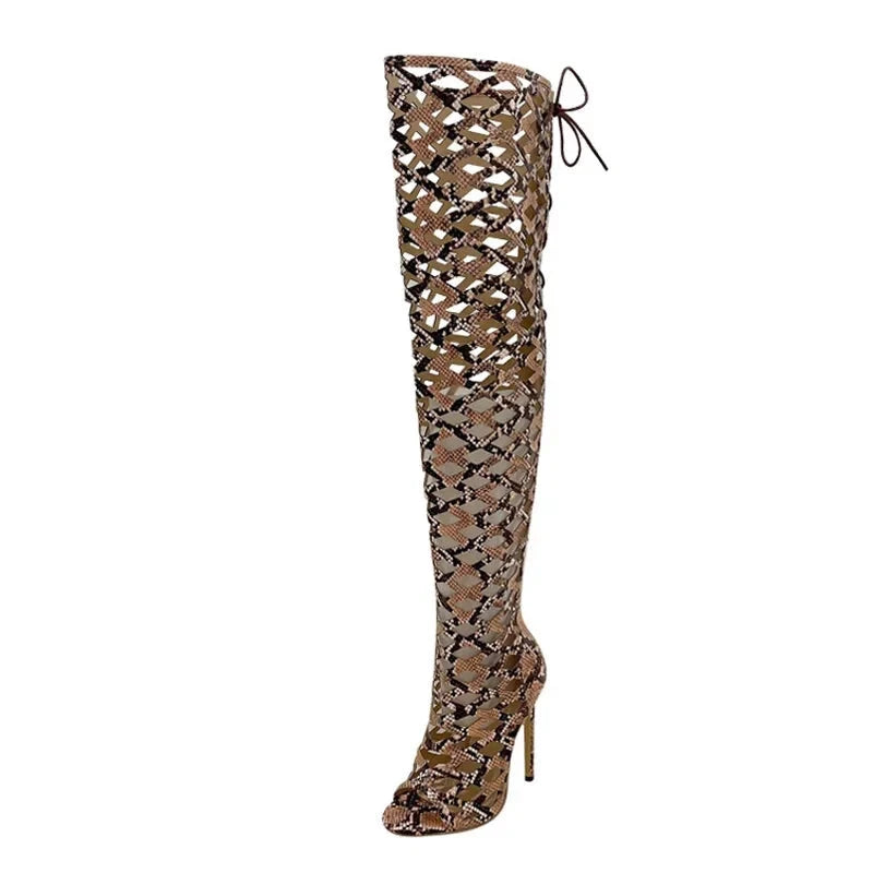 Women's Sexy Snake Print Leather Hollow Out Open Toe Over The Knee Boots