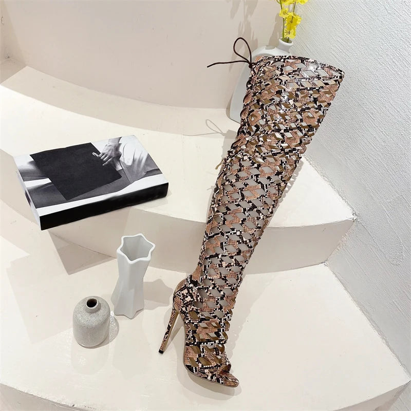 Women's Sexy Snake Print Leather Hollow Out Open Toe Over The Knee Boots