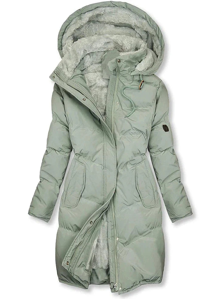 Women's Windproof Green Puffer Jacket with Hood and Zipper Pockets