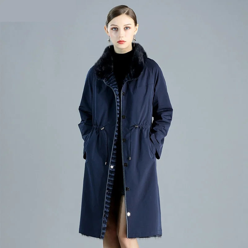 Women's Winter Warm Double Side Wear Striped Natural Mink Fur Long Jackets