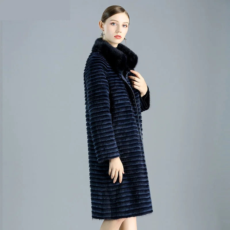 Women's Winter Warm Double Side Wear Striped Natural Mink Fur Long Jackets