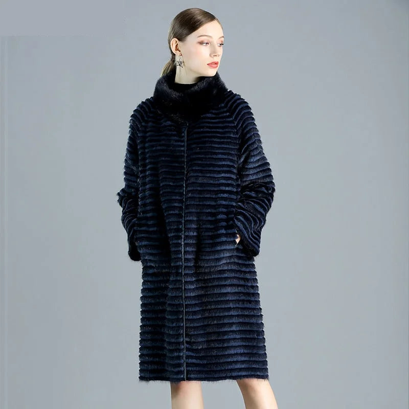 Women's Winter Warm Double Side Wear Striped Natural Mink Fur Long Jackets