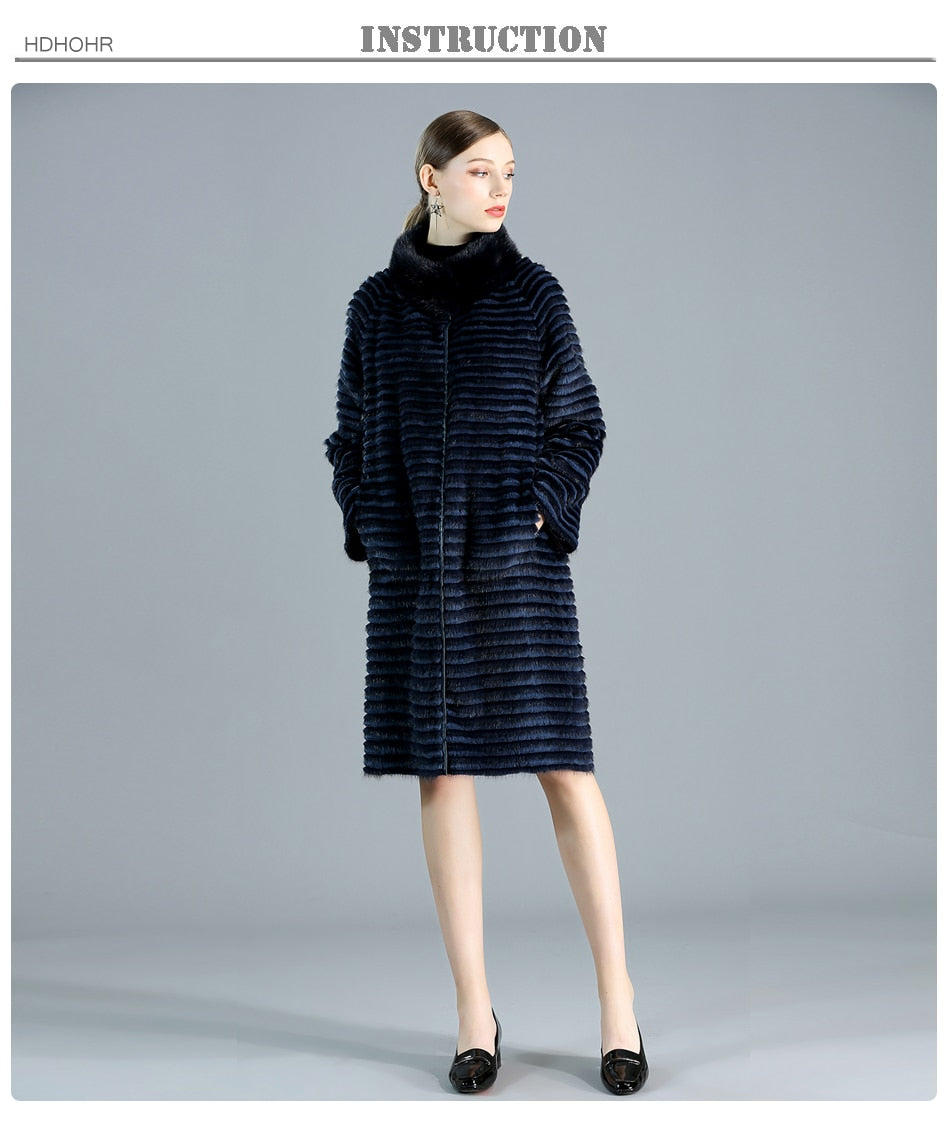 Women's Winter Warm Double Side Wear Striped Natural Mink Fur Long Jackets