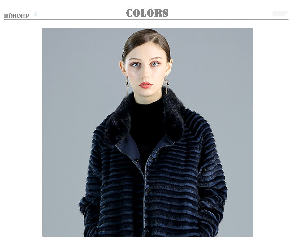 Women's Winter Warm Double Side Wear Striped Natural Mink Fur Long Jackets