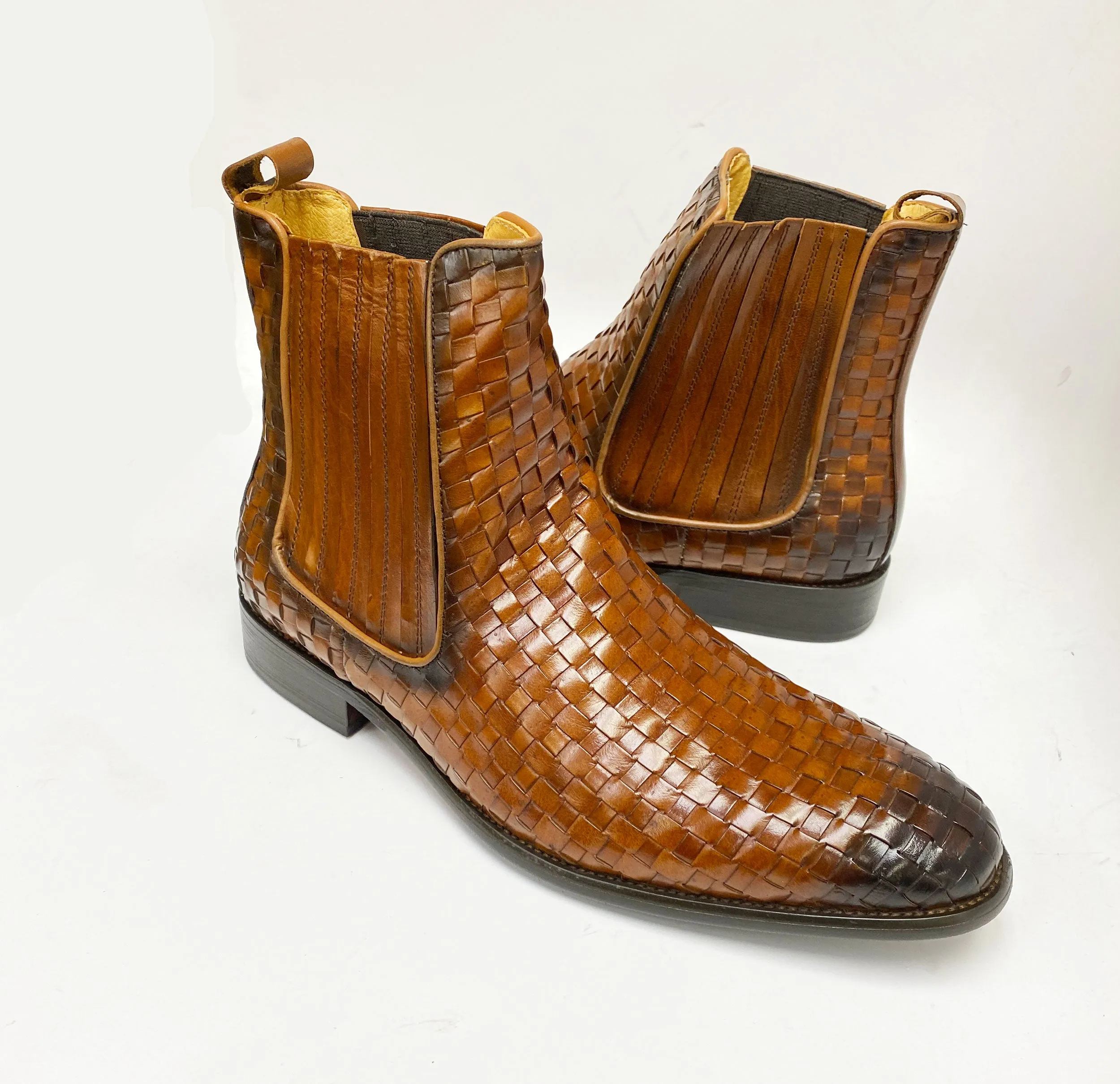 Woven Calfskin Slip-On Boot Cognac