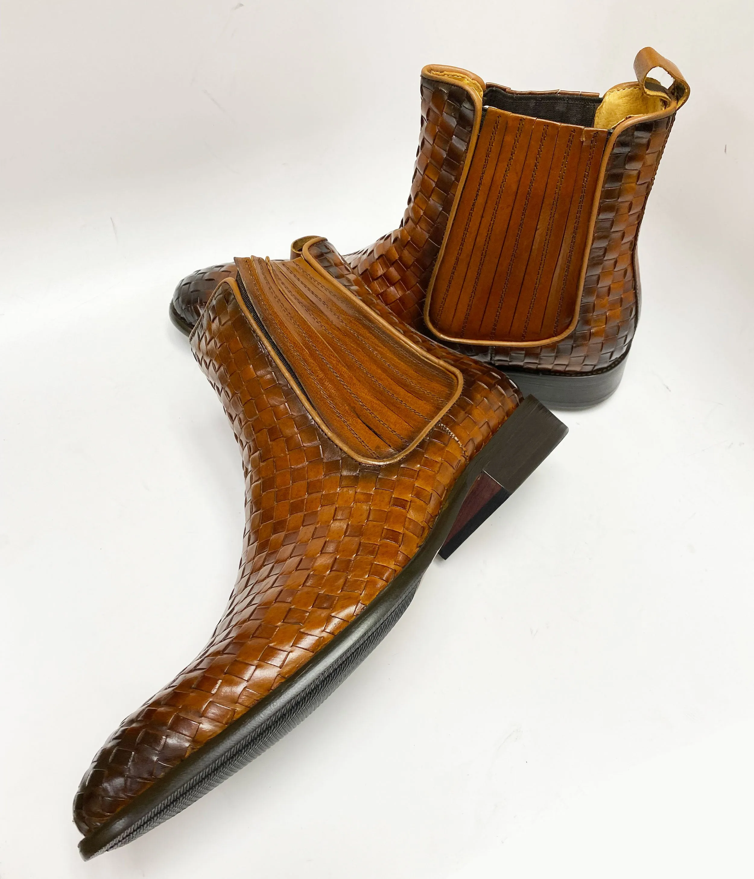 Woven Calfskin Slip-On Boot Cognac